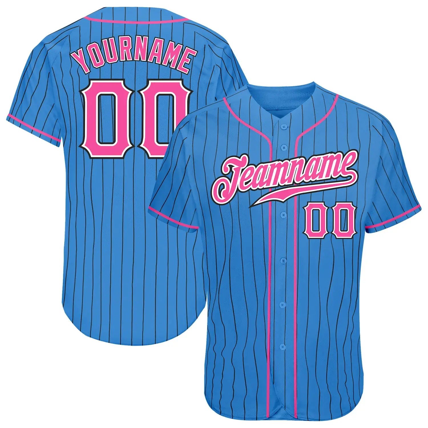 Custom Powder Blue Pinstripe Baseball Jersey with Pink-White