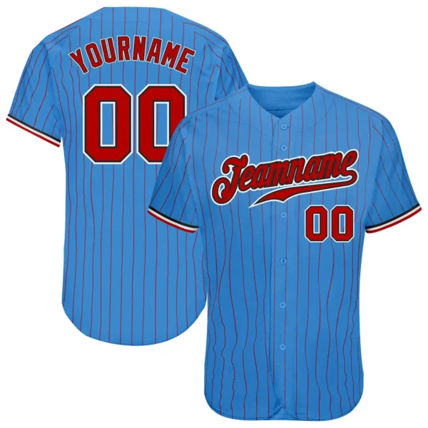 Custom Powder Blue Pinstripe Baseball Jersey with Red-Black
