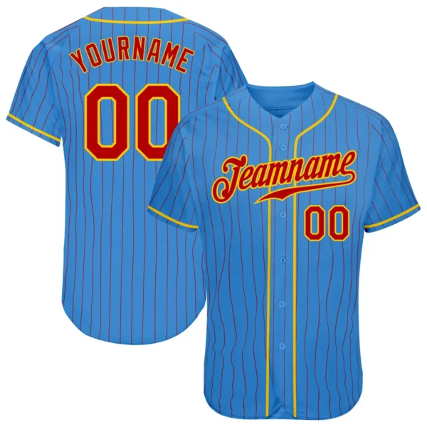 Custom Powder Blue Pinstripe Baseball Jersey with Red-Gold