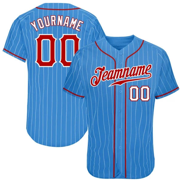 Custom Powder Blue Pinstripe Baseball Jersey with Red-White