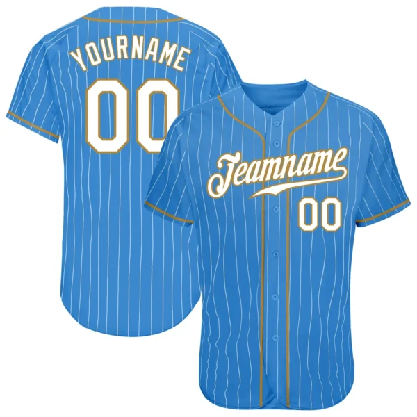 Custom Powder Blue Pinstripe Baseball Jersey with White-Old Gold