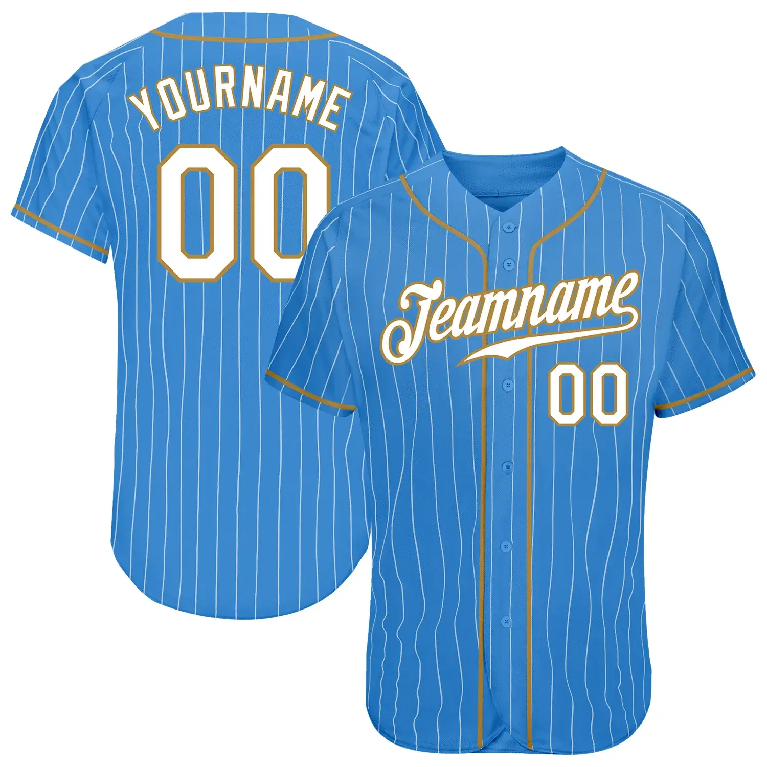 Custom Powder Blue Pinstripe Baseball Jersey with White-Old Gold