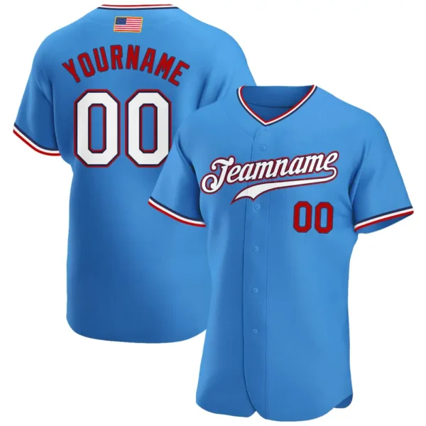 Custom Powder Blue USA Flag Fashion Baseball Jersey with White-Red