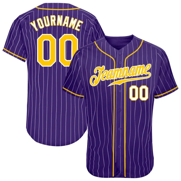 Custom Purple Pinstripe Baseball Jersey with Gold-White