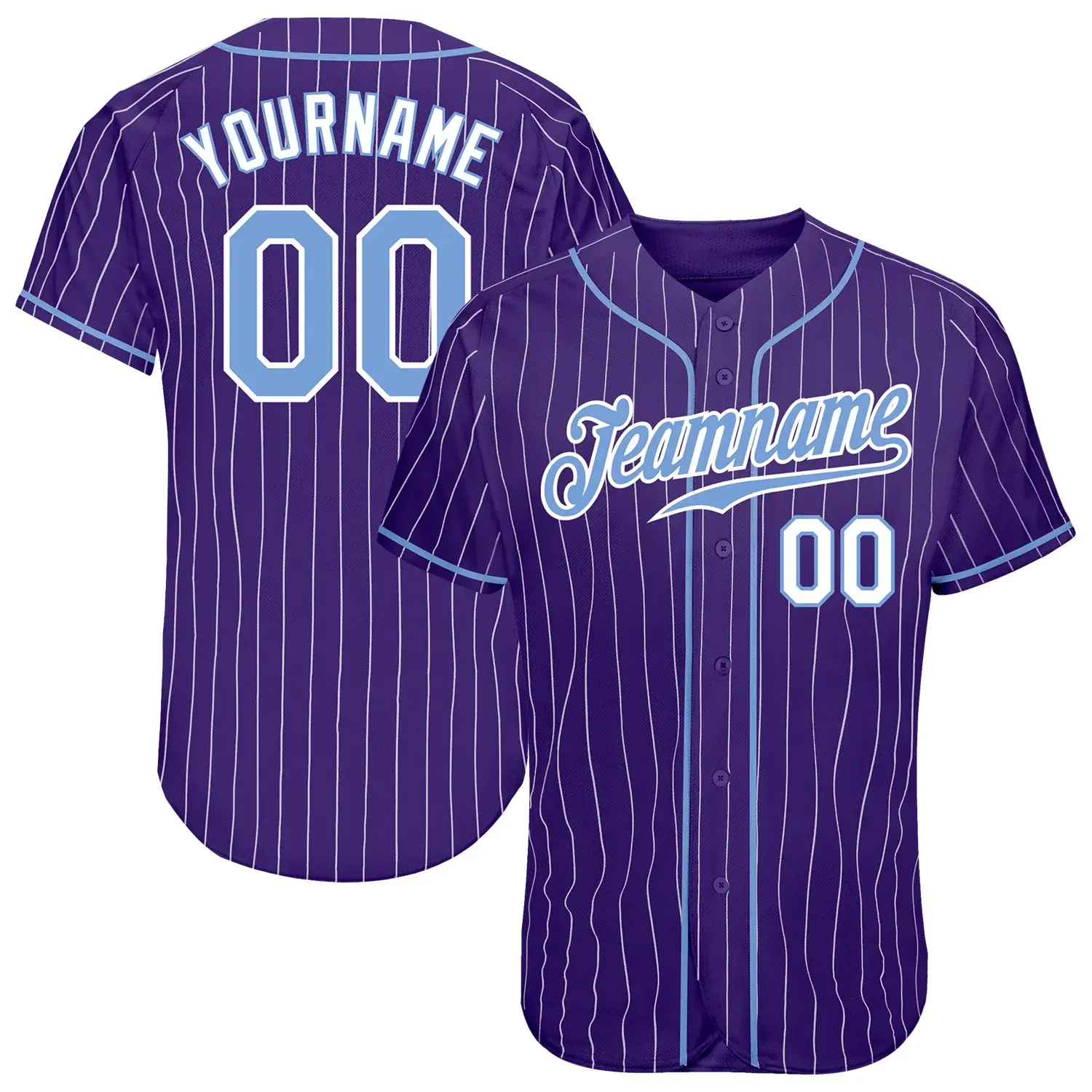 Custom Purple Pinstripe Baseball Jersey with Light Blue-White