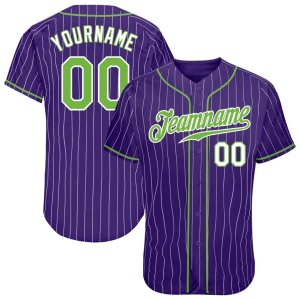 Custom Purple Pinstripe Baseball Jersey with Neon Geen-White