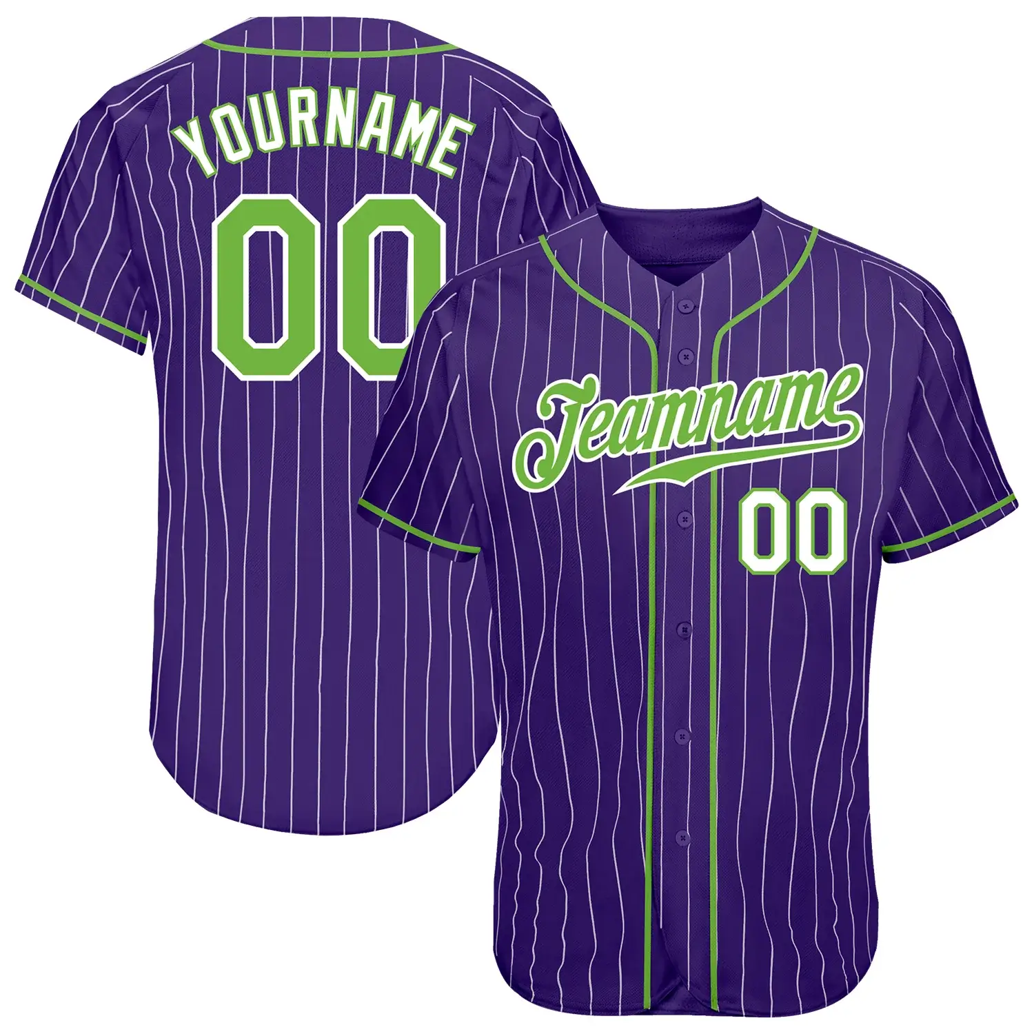 Custom Purple Pinstripe Baseball Jersey with Neon Geen-White