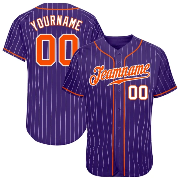 Custom Purple Pinstripe Baseball Jersey with Orange-White