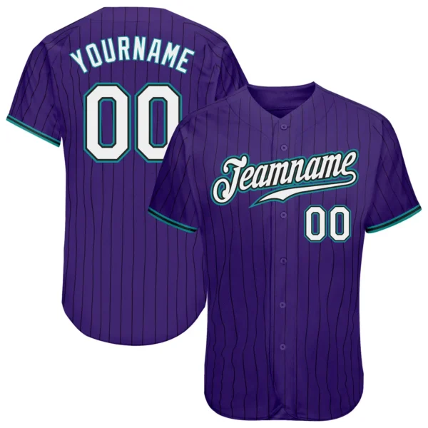 Custom Purple Pinstripe Baseball Jersey with White-Teal
