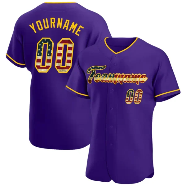 Custom Purple USA Flag Fashion Baseball Jersey with Gold