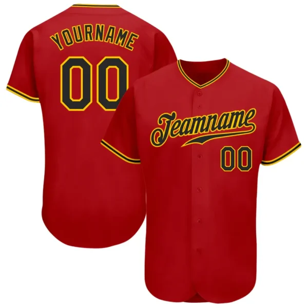Custom Red Baseball Jersey with Black-Gold