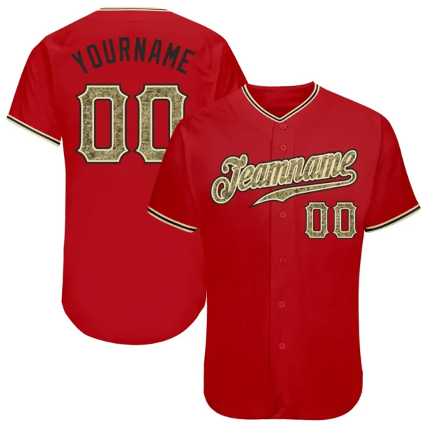 Custom Red Baseball Jersey with Camo-Black