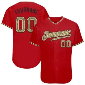 Custom Red Baseball Jersey with Camo-Black