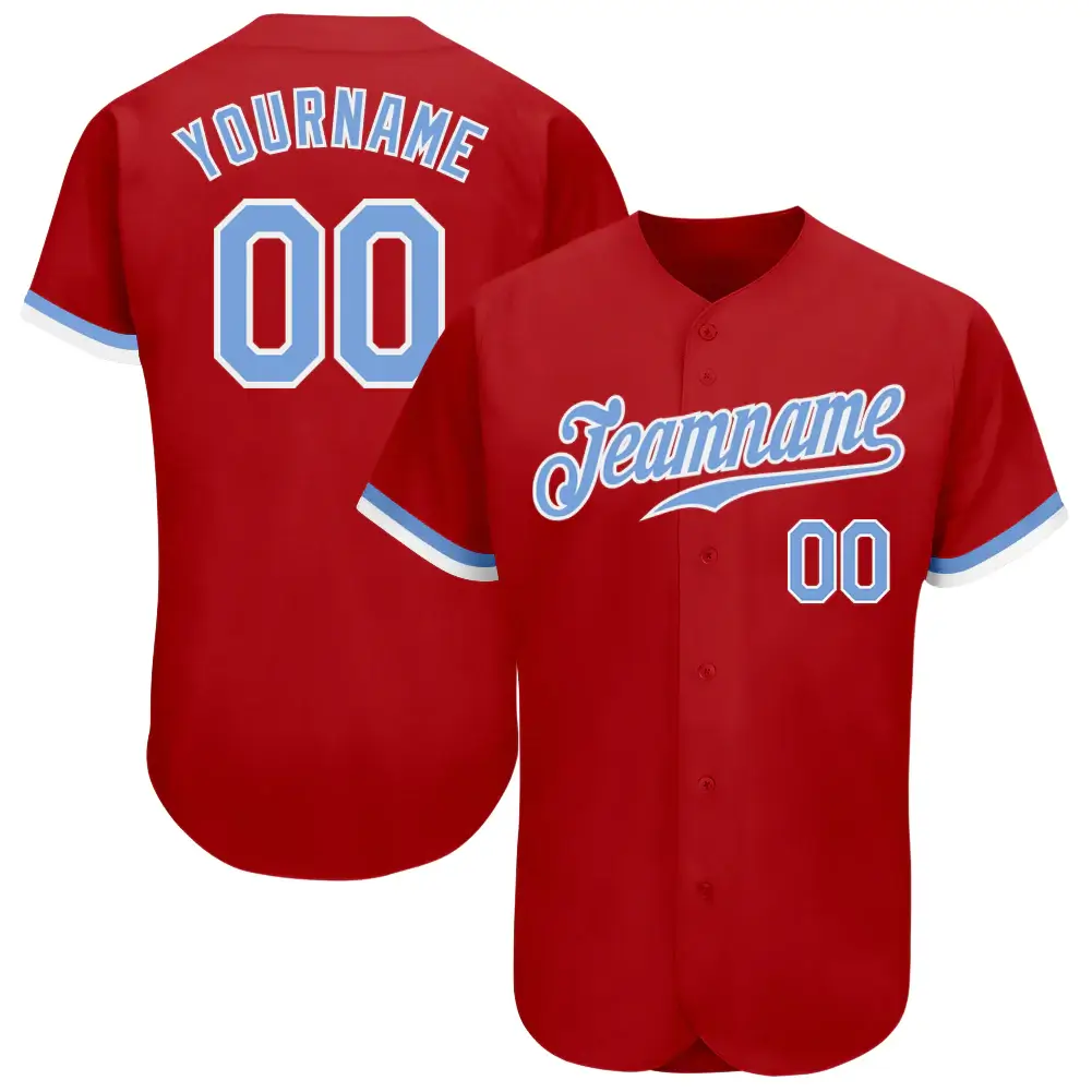 Custom Red Baseball Jersey with Light Blue-White
