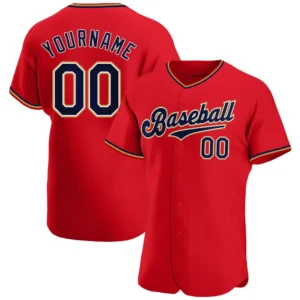 Custom Red Baseball Jersey with Navy-Old Gold