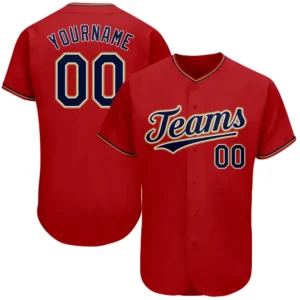Custom Red Baseball Jersey with Navy-Old Gold