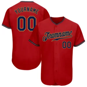 Custom Red Baseball Jersey with Navy-Old Gold