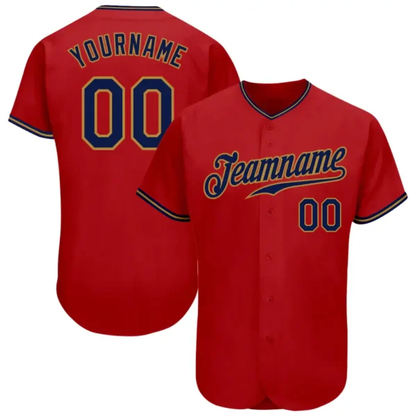 Custom Red Baseball Jersey with Navy-Old Gold
