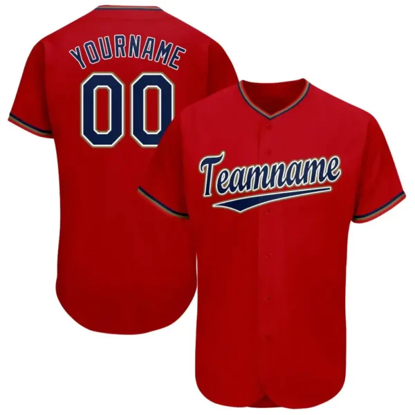 Custom Red Baseball Jersey with Navy-Old Gold