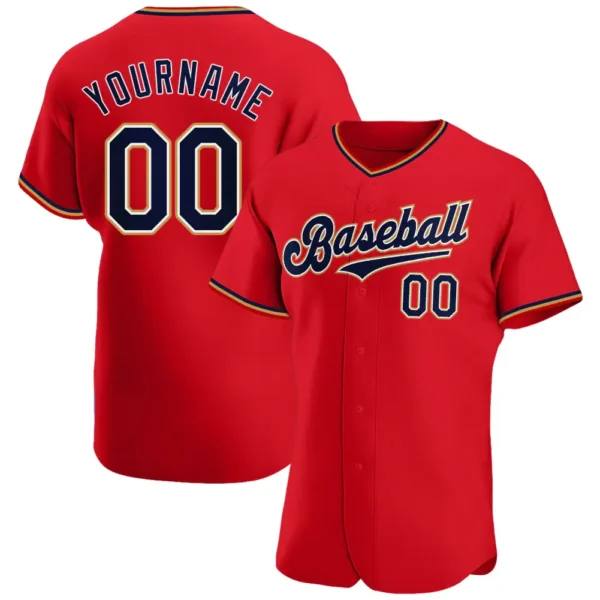 Custom Red Baseball Jersey with Navy-Old Gold