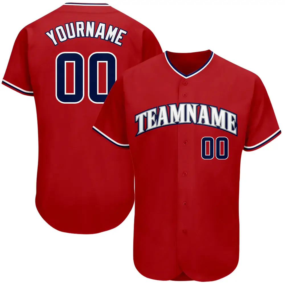 Custom Red Baseball Jersey with Navy-White