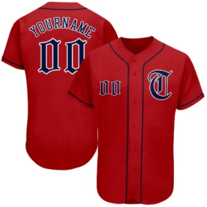 Custom Red Baseball Jersey with Navy-White