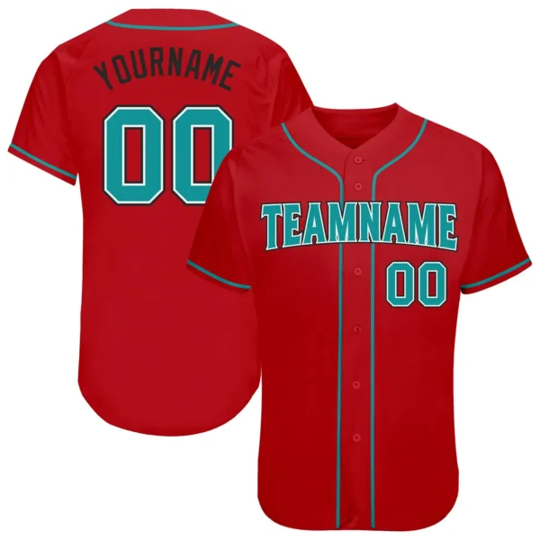 Custom Red Baseball Jersey with Teal-Black