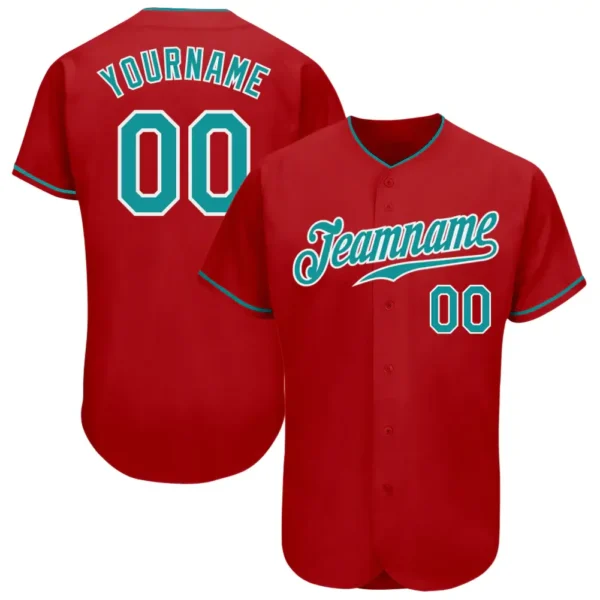 Custom Red Baseball Jersey with Teal-White