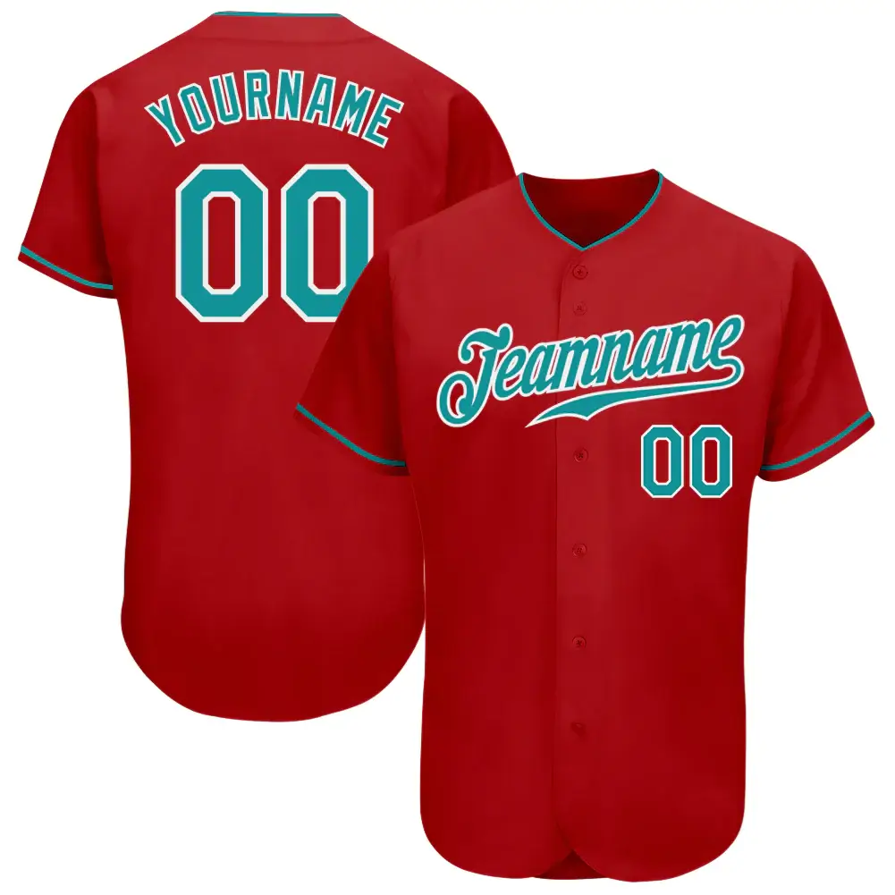 Custom Red Baseball Jersey with Teal-White