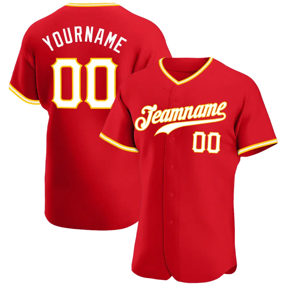 Custom Red Baseball Jersey with White-Gold