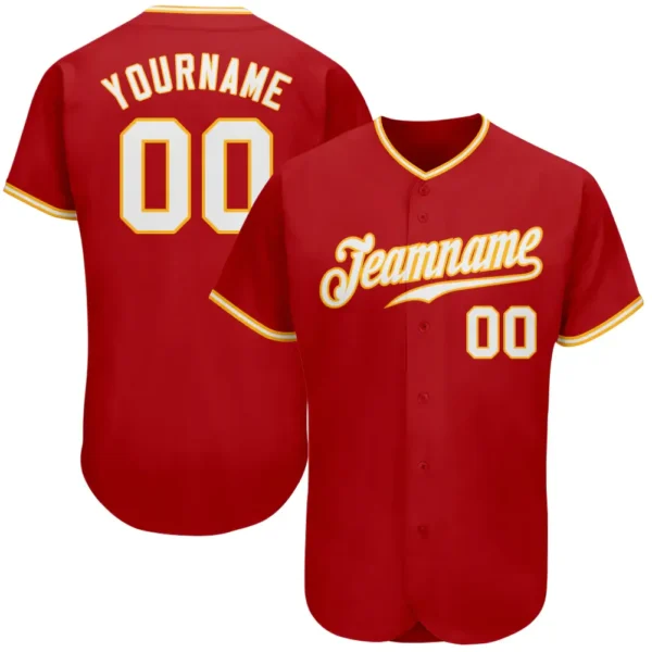 Custom Red Baseball Jersey with White-Gold