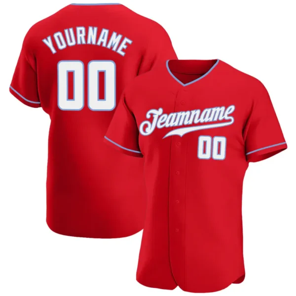Custom Red Baseball Jersey with White-Light Blue