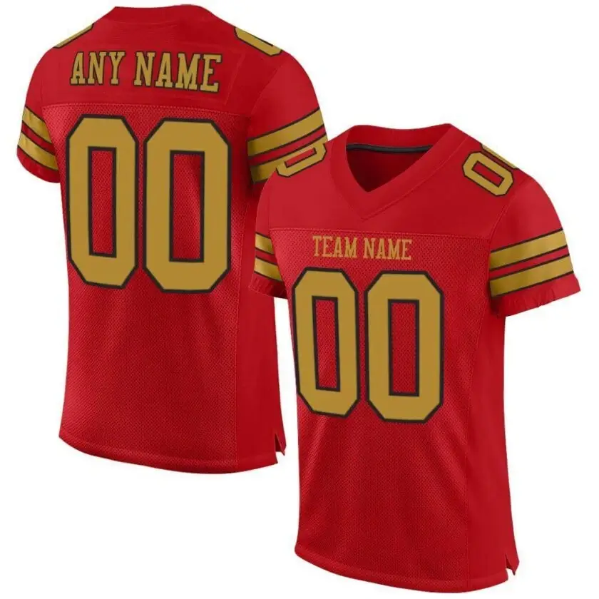 Custom Red Mesh Football Jersey with Old Gold-Black