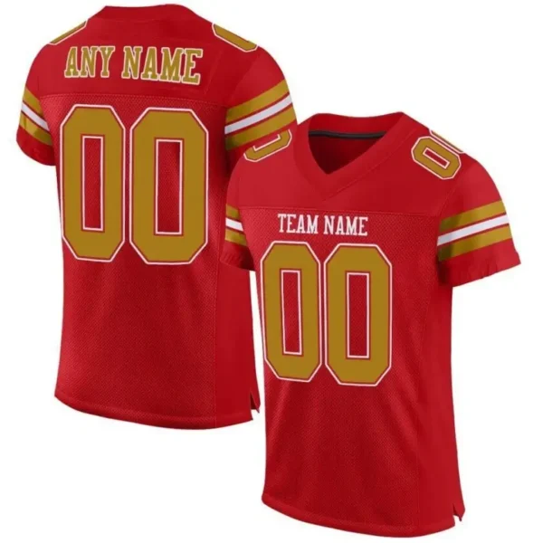 Custom Red Mesh Football Jersey with Old Gold-White