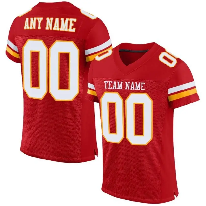 Custom Red Mesh Football Jersey with White-Gold