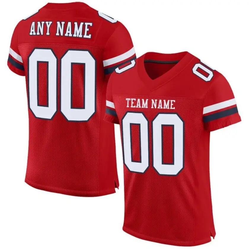 Custom Red Mesh Football Jersey with White-Navy