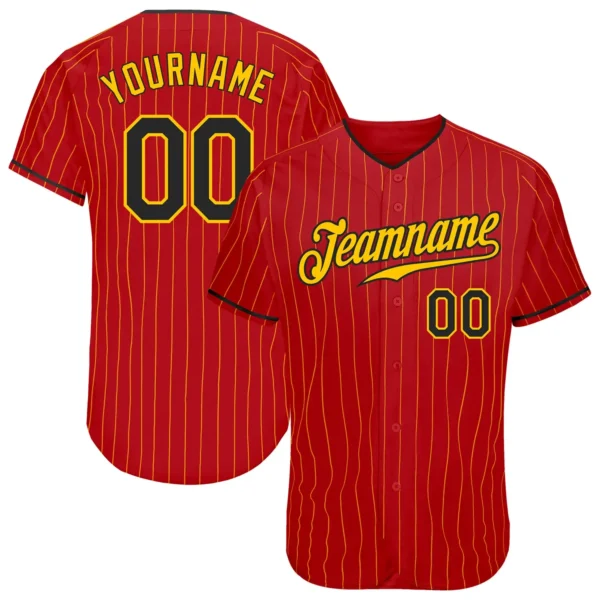 Custom Red Pinstripe Baseball Jersey with Black-Gold