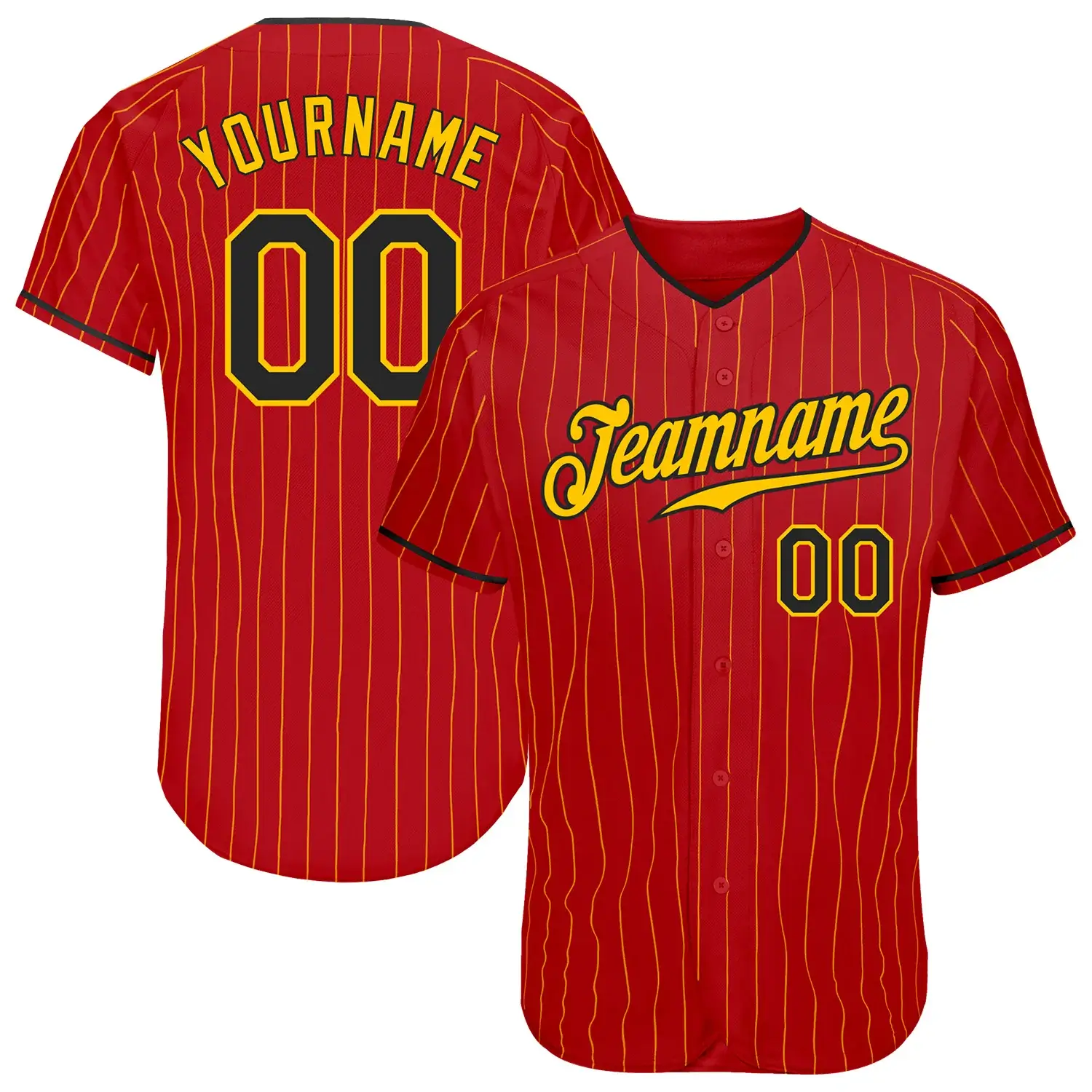 Custom Red Pinstripe Baseball Jersey with Black-Gold