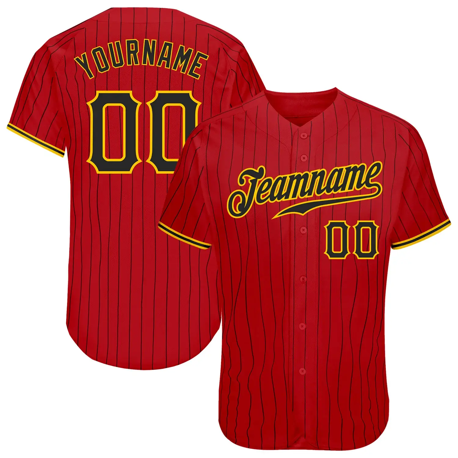 Custom Red Pinstripe Baseball Jersey with Black-Gold