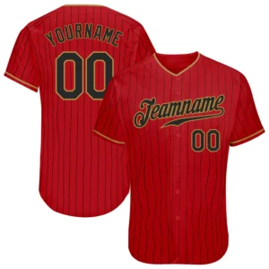 Custom Red Pinstripe Baseball Jersey with Black-Old Gold