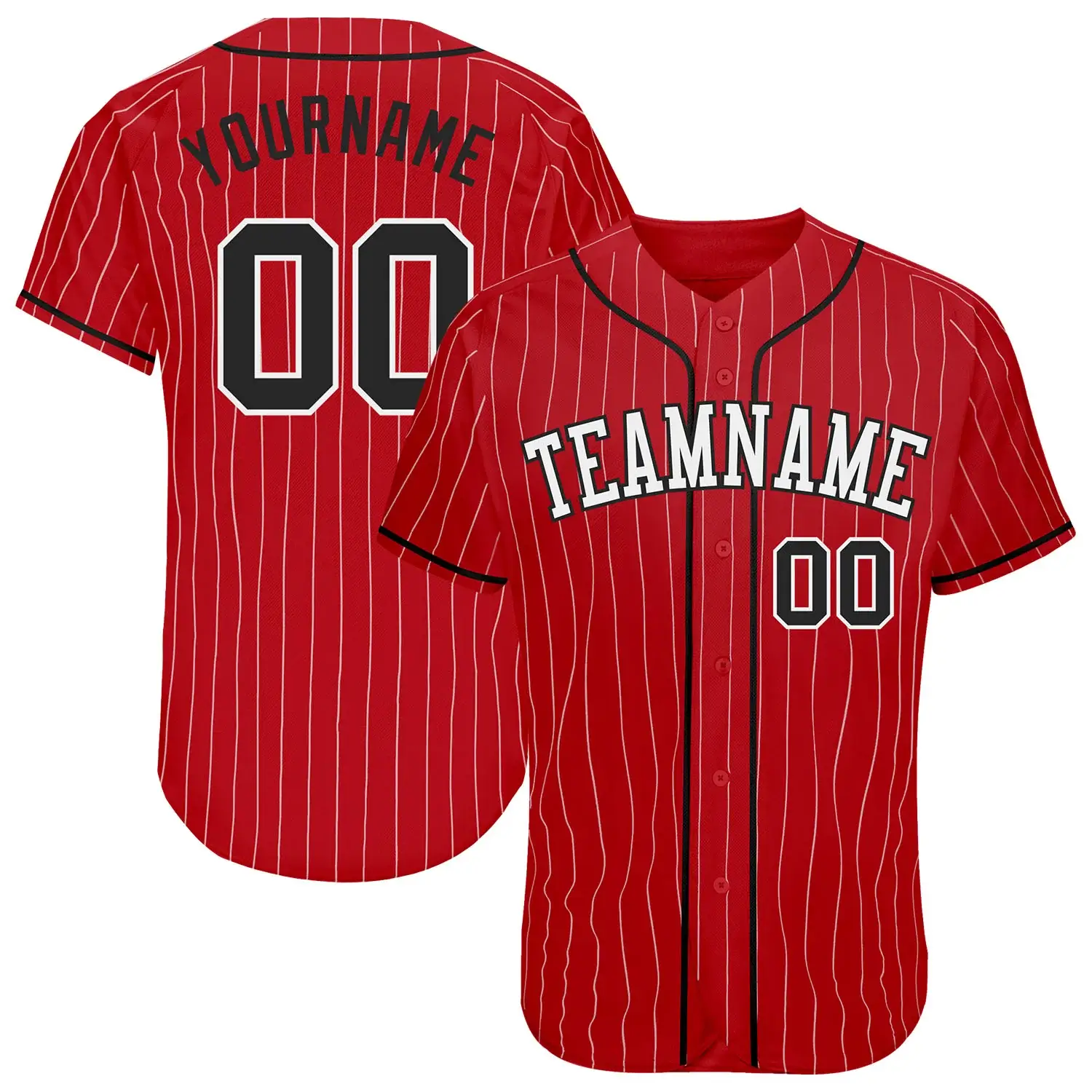 Custom Red Pinstripe Baseball Jersey with Black-White