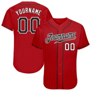 Custom Red Pinstripe Baseball Jersey with Black-White