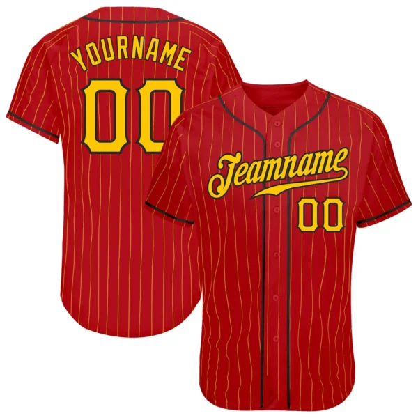 Custom Red Pinstripe Baseball Jersey with Gold-Black