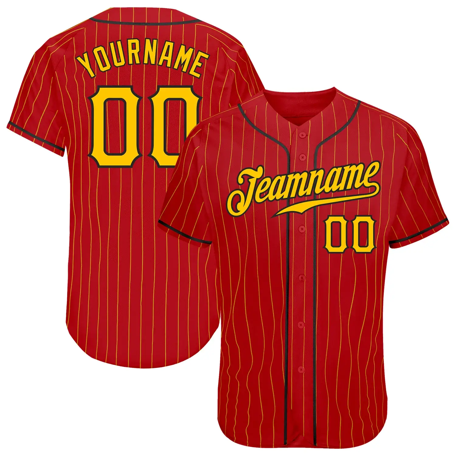 Custom Red Pinstripe Baseball Jersey with Gold-Black