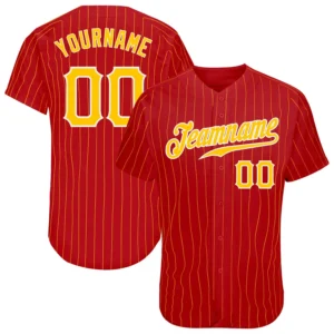 Custom Red Pinstripe Baseball Jersey with Gold-White