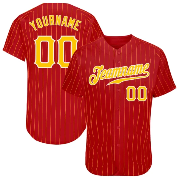 Custom Red Pinstripe Baseball Jersey with Gold-White