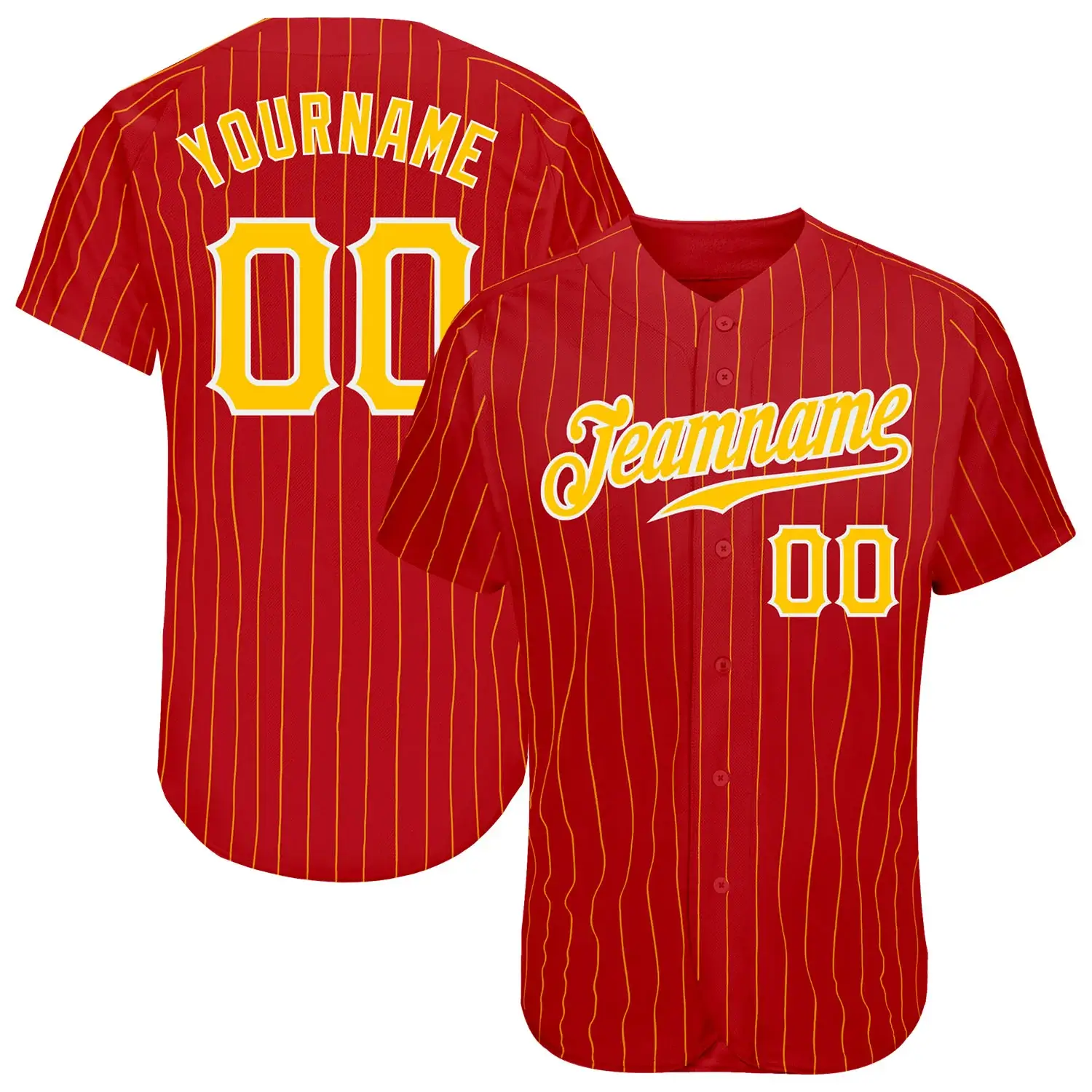 Custom Red Pinstripe Baseball Jersey with Gold-White