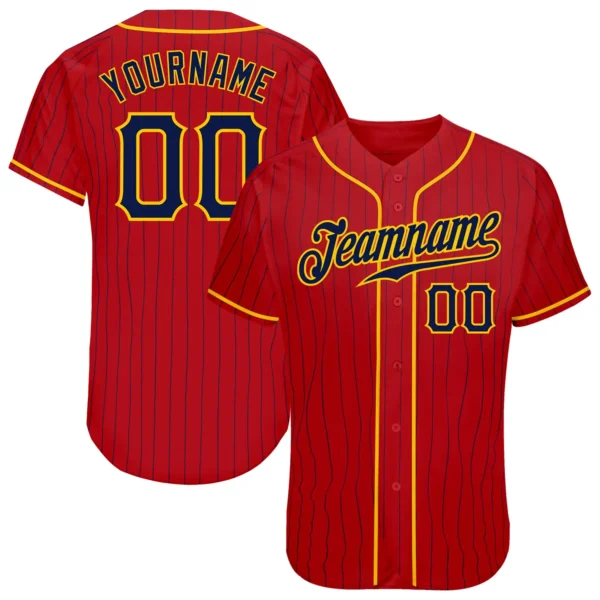Custom Red Pinstripe Baseball Jersey with Navy-Gold