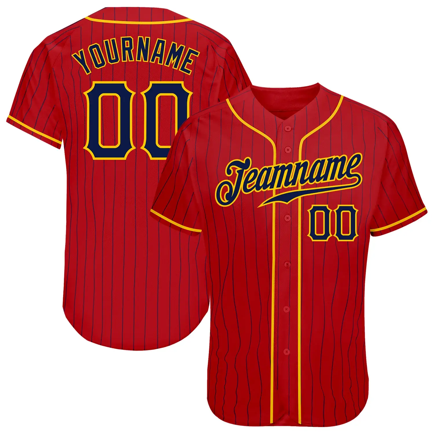 Custom Red Pinstripe Baseball Jersey with Navy-Gold