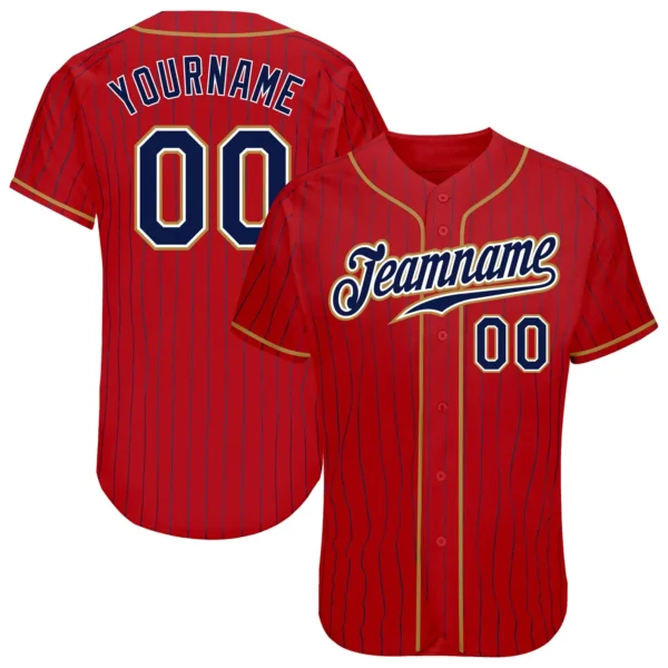 Custom Red Pinstripe Baseball Jersey with Navy-Old Gold